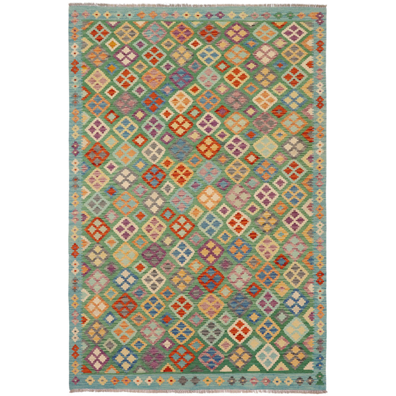 Tapis bleu / beige / brun en laine à motif géométrique rectangulaire tissé à plat Catlett