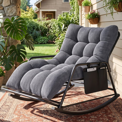 30×48in Extra Long 57-inch Striped Cushion Reclining Rocking Chair with Side Storage Pocket, Leisure Patio Furniture, Heavy-duty Outdoor Patio Furniture Set for Balcony, Backyard, Garden(Gray)