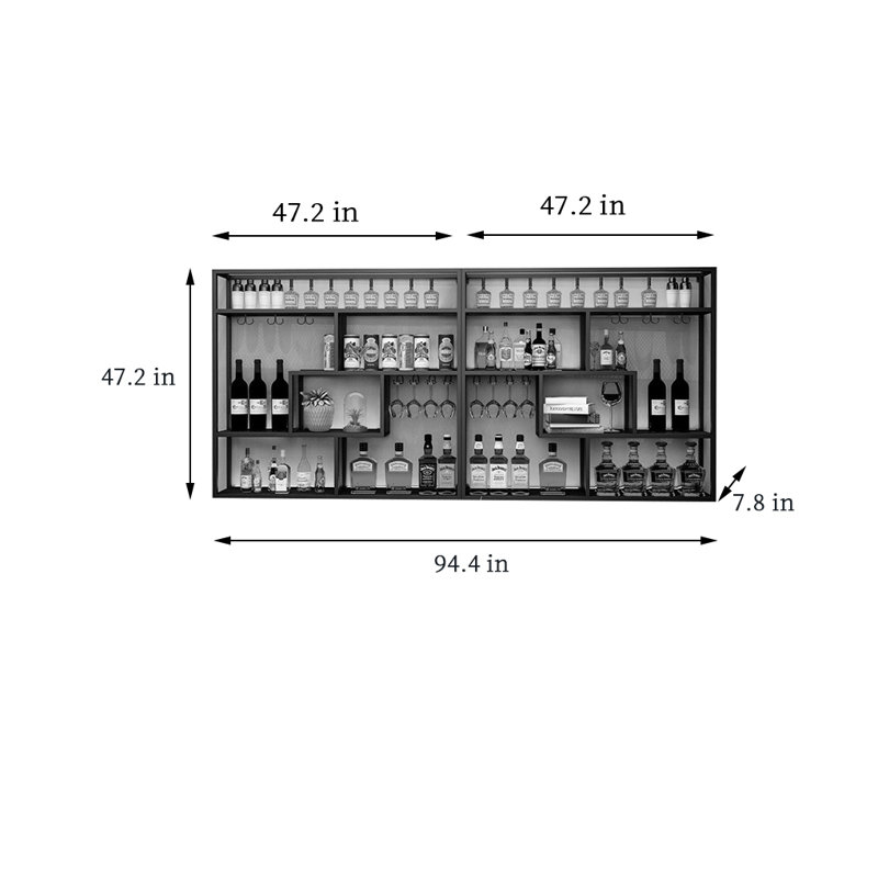 Support à vin mural en fer, Gold, H 47,2 po x l 94,4 po x P 7,8 po
