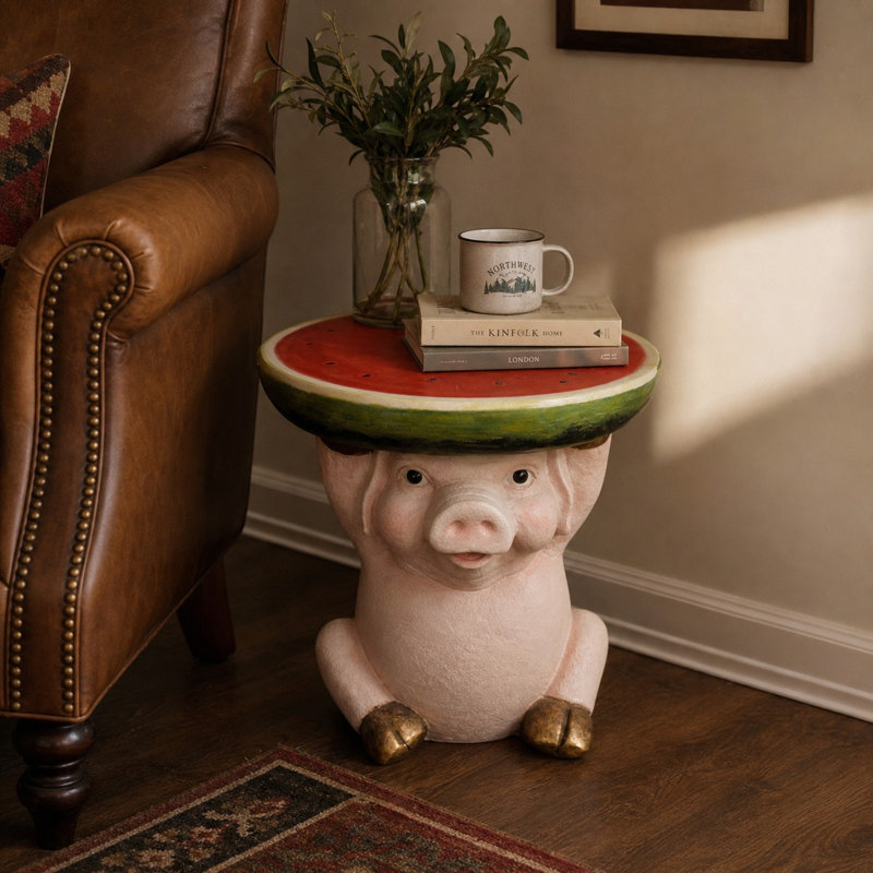 13,39 po H Mignon cochon en résine pour l'extérieur Table d'appoint multifonctionnelle avec plateau de melon d'eau