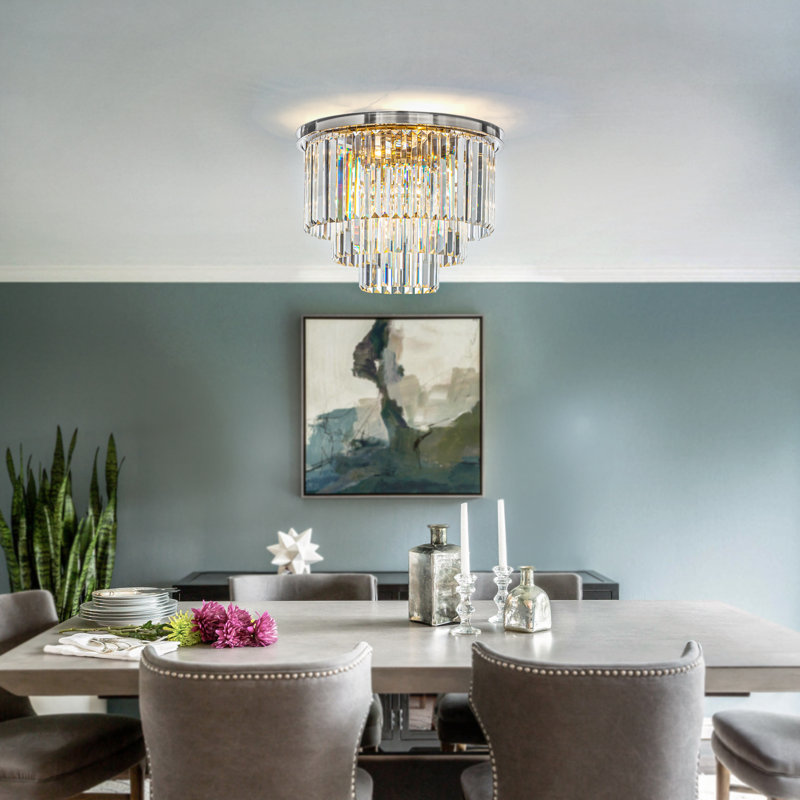 Klint Interior Modern Elegant Crystal Flush Mount Chandelier Ceiling Light for Living Room, Satin Nickel, Clear