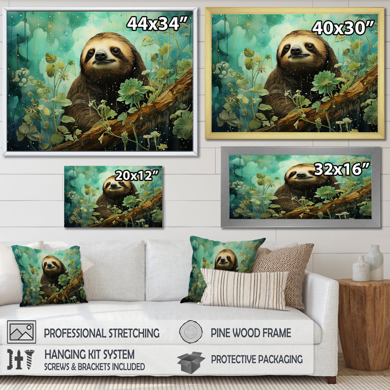 «Sloth Jade Journey», reproduction d'art sur toile encadrée, Cadre naturel flottant, H 34 po x l 44 po x P 1,5 po