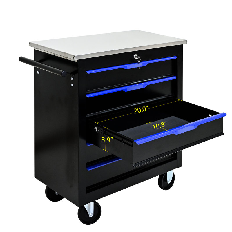 Armoire à outils verrouillable à 5 tiroirs sur roulettes - noir + bleu, construction, boîte à outils mobile de 26,39 x 13,62 x 26,7 pouces verrouillable, acier thermolaqué, pratique et spacieuse
