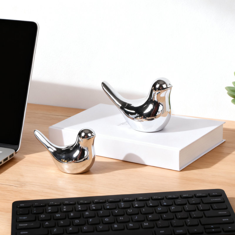 2 Pieces Mini Resin Creative Bird Sculpture, Different Size Abstract Art Decorations for Home Office Bookshelf Table Bookshelf Decorations, Silver