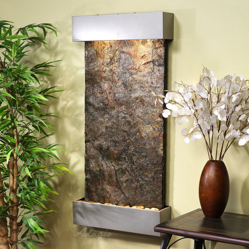 Wall Fountain with Light, Green Slate, Silver Metallic