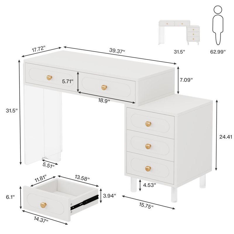 Modern White Acrylic Computer Desk with 5 Drawers for Home Office