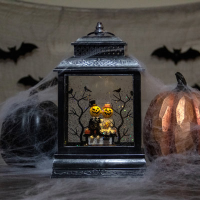 11.5"Lighted Black Halloween Snow Globe Lantern with Pumpkin Couple