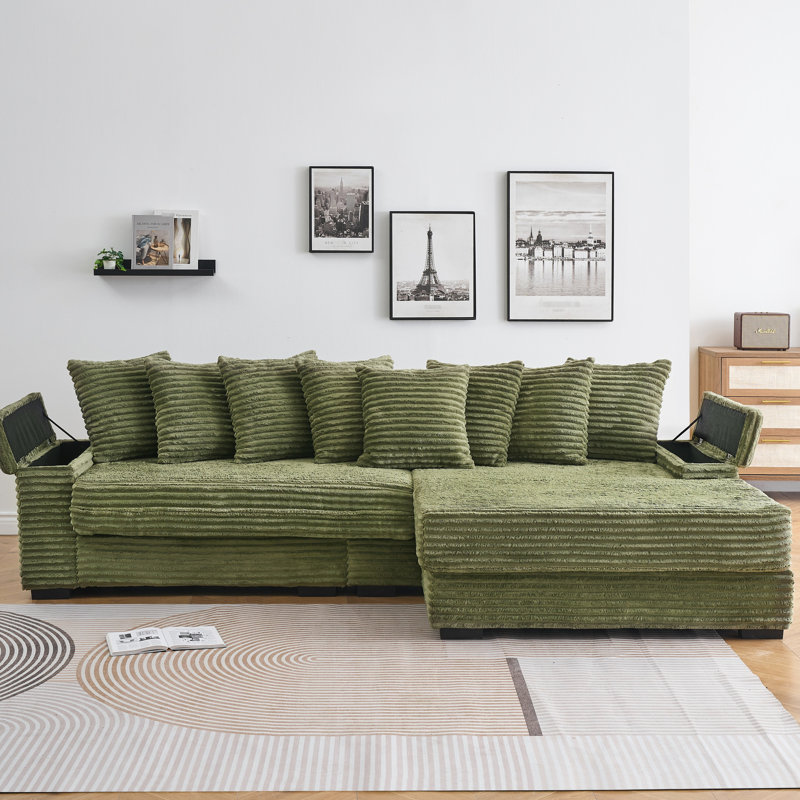 Chaise en velours côtelé réversible, base en bois massif, mousse haute résilience pour une durabilité en forme de L avec rangement, salon moderne