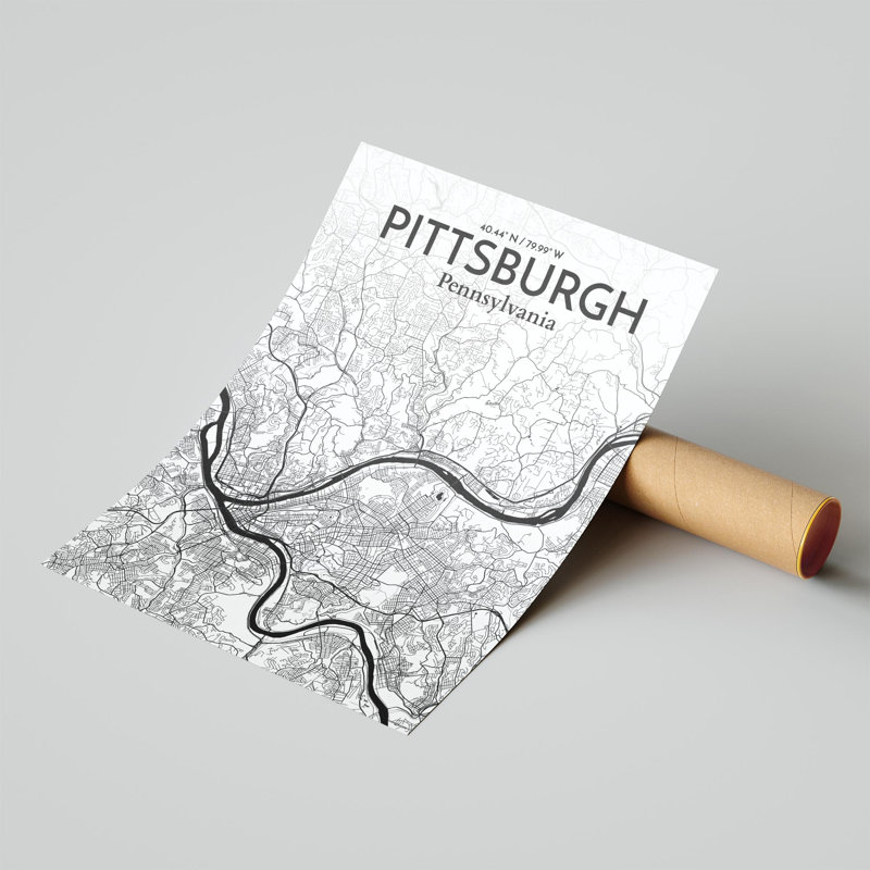 Pittsburgh City Map, impression, Noir et blanc, H 24 po x l 18 po