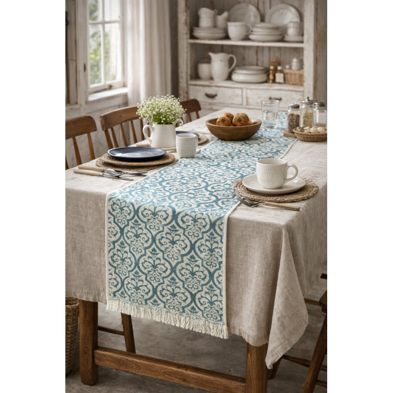 Sage Green Floral Printed Table Runner With Fringe 14" X 72"