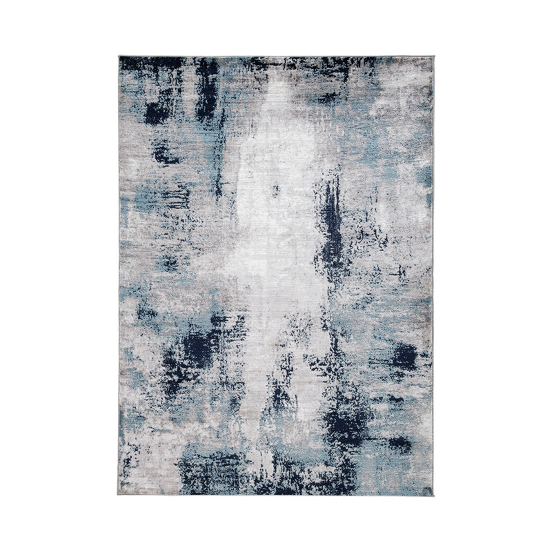 Grand tapis Nel 8 x 10, motif abstrait tissé à la machine, bleu blanc