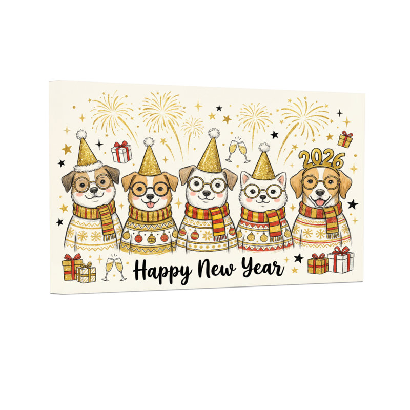 Animaux, bonne année, chiens avec feux d'artifice, H 12 po x l 18 po