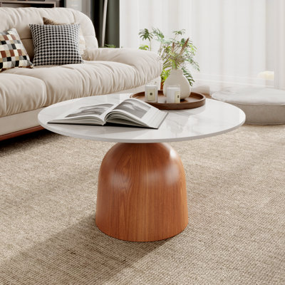 Modern Round Coffee Table with Faux Marble Tabletop and Pedestal Solid Wood, Cocktail Table for Living room & Home Decor