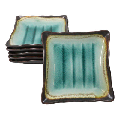 Pack Of 6 Green Midori Kannyu Ceramic Wavy Square Appetizer Salad Plates 7"