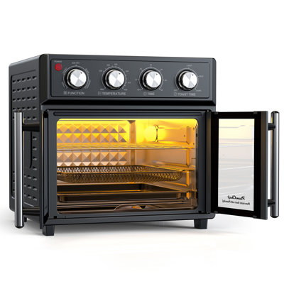 26L French Door  Black Air Fryer Toaster Oven, 7-in-1 Countertop Convection Oven with 1700W, 450°F, Interior Light, Stainless Steel, Fits 6 Slices Toast or 12" Pizza