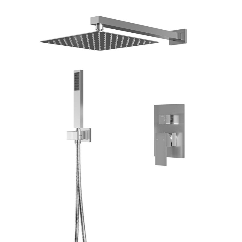 Ensemble de douche à valve à pression équilibrée 2 fonctions avec plateau carré en acier inoxydable