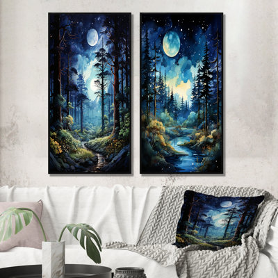 «Blue Pine Tree Midnight Serenity», 2 pièces sur toile