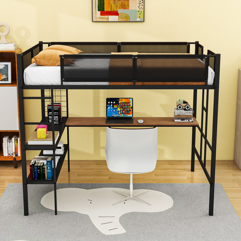Lit mezzanine double avec bureau, tablettes et échelles doubles