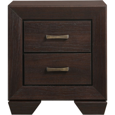 Table de chevet cuivre foncé 2, idéale pour la chambre à coucher, double tiroir et cadre à finition rectangulaire brun riche, grain de bois naturel