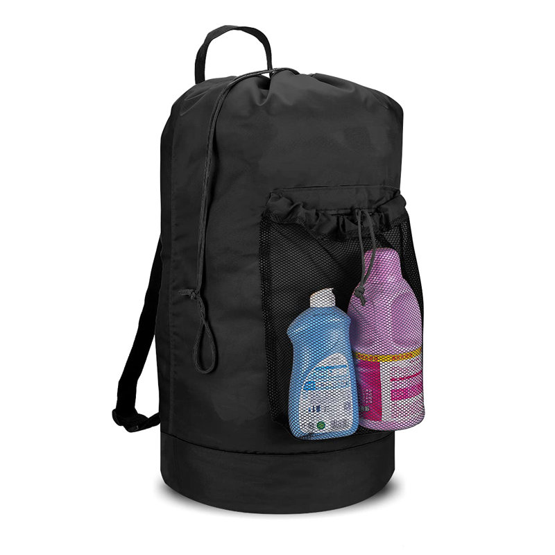 Backpack Laundry Bag With Shoulder Straps And Mesh Pocket Durable Nylon Clothes Hamper Bag With Drawstring Closure