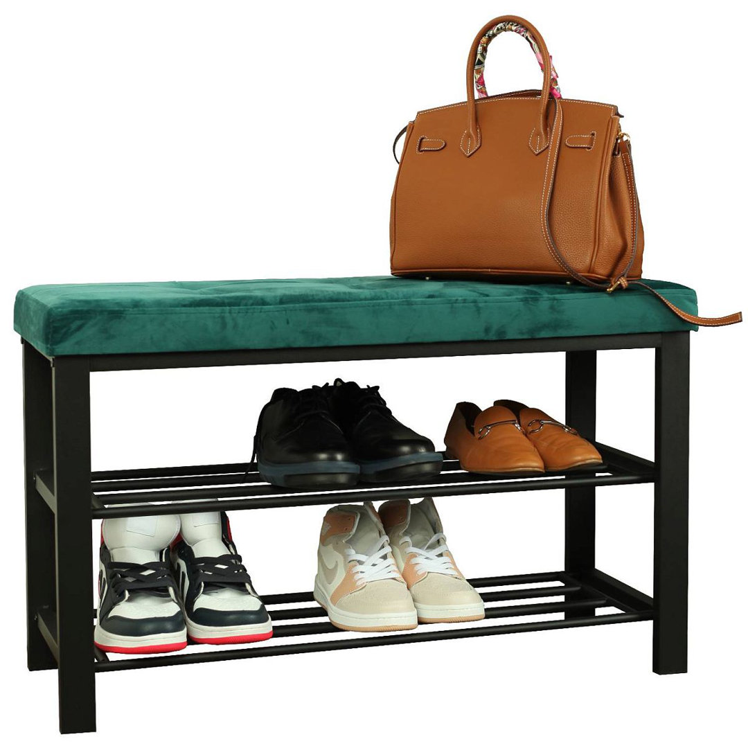 Black Metal Shoe Bench with Velvet Padded Seat | 2-Tier Shoe Rack L81.5 W33 H50 cm