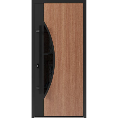 Porte d'entrée extérieure prémontée en acier Ronex 1077 Teck, métal moderne peint, largeur 91,4 cm x hauteur 203,2 cm, ouverture à droite vers l'intérieur