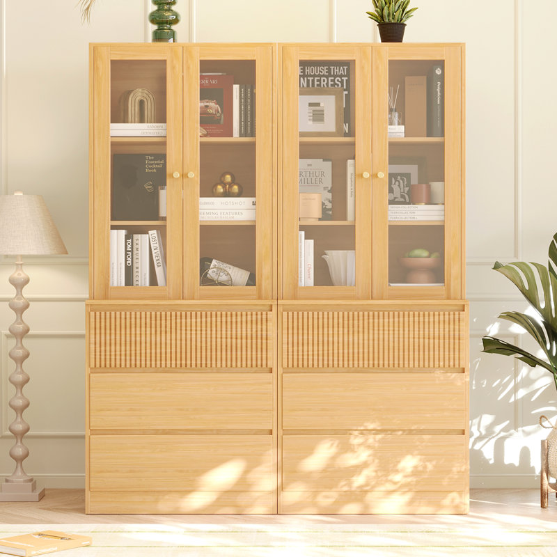 71" H X 94.5" W Bookcase Cabinet With Tempered Glass Doors & Large Storage Drawers (2B+2D)