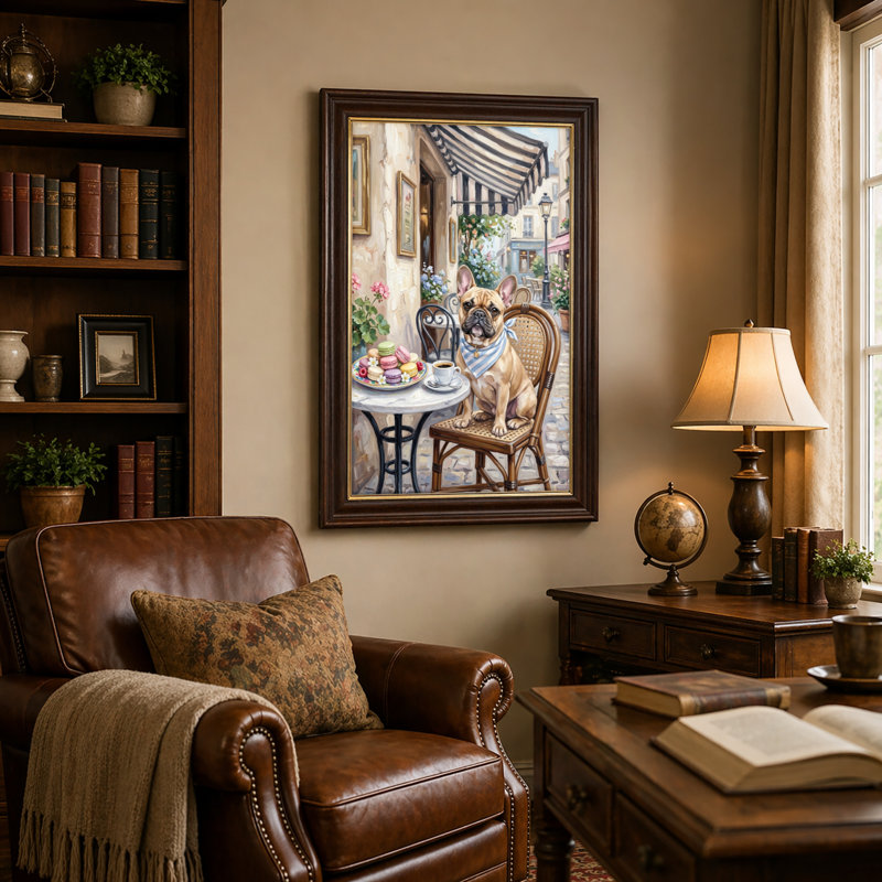 Art mural antique sur toile encadré doré pour le salon, la chambre à coucher, le bureau ou le vestibule - décoration murale décorative avec bouledogue français
