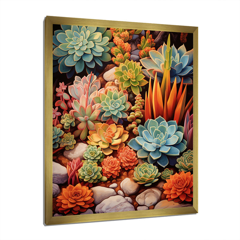 «Sessimore Green Orange Succulents Desert Gems», reproduction sur toile, H 40 po x l 30 po x P 1,5 po, Cadre photo doré
