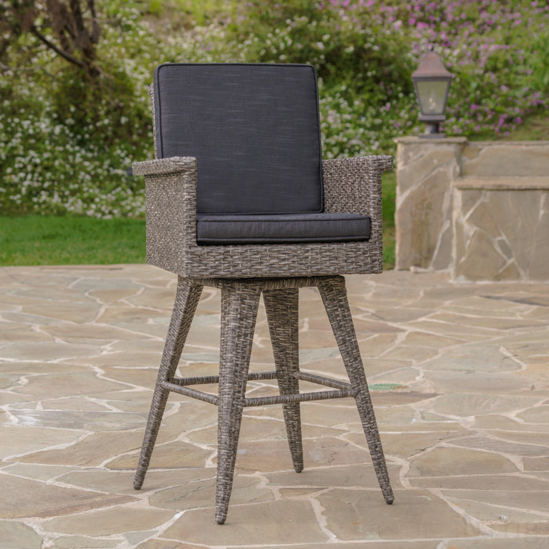 30" Outdoor Wicker Swivel Barstool With Water Resistant Cushion, Mixed Black And Dark Grey