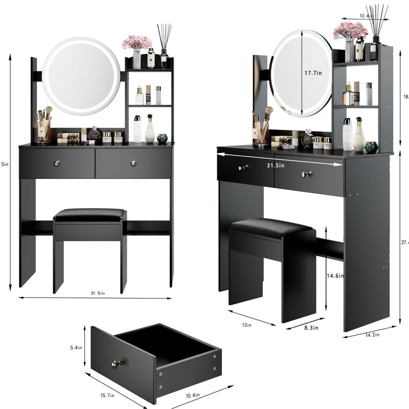 17" Round Led Vanity Table And Cushioned Stool , Touch - Operated 3 Color Lighting With Adjustable Brightness, Large Mirror Multi Layer Storage, Ideal For Small Home Spaces, American Inspired Look,