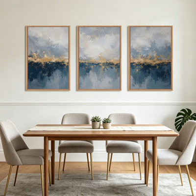 Ensemble de 3 toiles encadrées bleues et dorées texturées, décoration murale minimaliste de luxe moderne pour le bureau du salon, 24 x 36 po