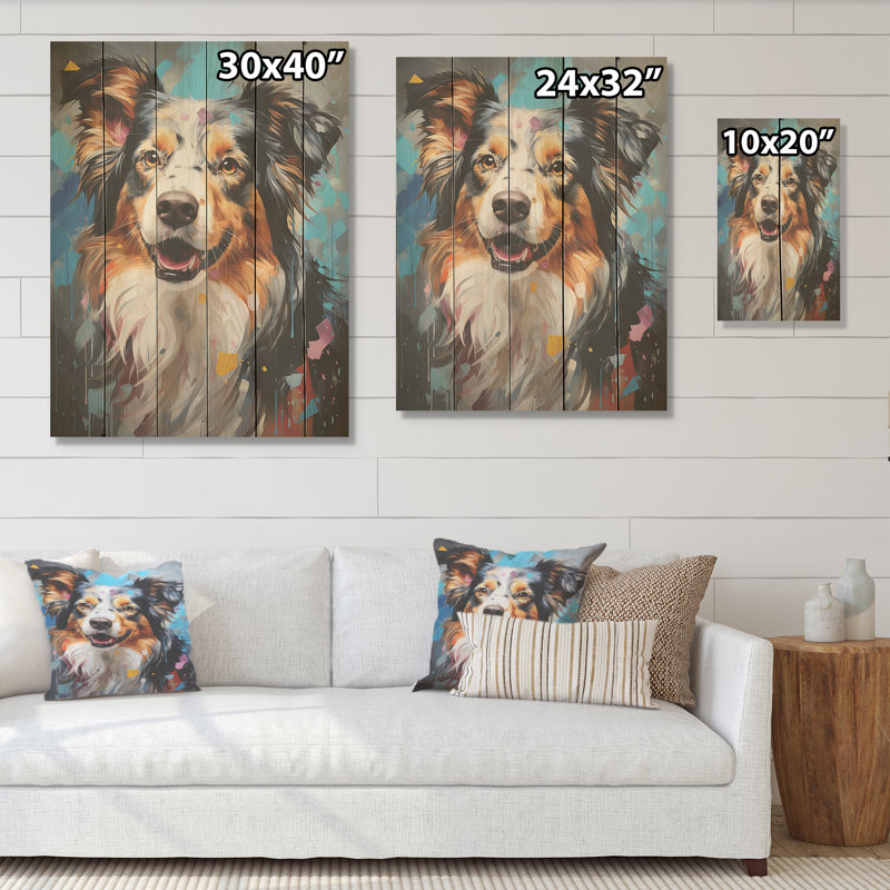 Playful Collie Portrait I - Chien, art mural sur bois de pin naturel, H 40 po x l 30 po