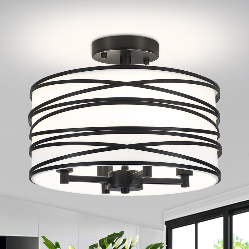 4 - Light Modern Metal And Fabric Drum Semi Flush Mount Ceiling Light Fixture For Dinning Room Living Room Bedroom Hallway Entryway Kitchen