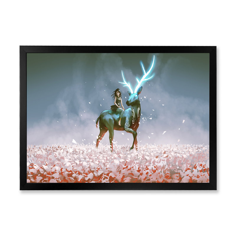 «Video Girl Young Girl With Her Magic Deer», reproduction sur toile, Cadre d'angle fermé noir, H 8 po x l 12 po x P 1 po