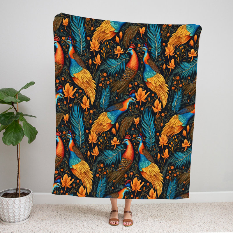 Jeté , L 51 po x L 60 po, Imprimé animalier / floral, Bleu / orange / brun foncé