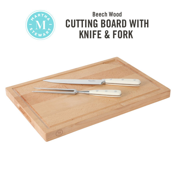 Martha Stewart Goswell 3PC Set w/ 8 Carving Knife 6 Fork w/ Beech Wood Cutting Board 138266.03R