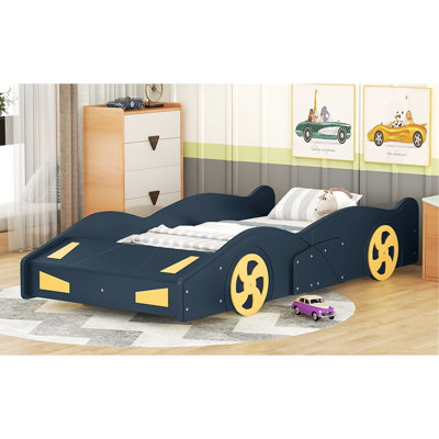Lit simple en forme de voiture de course avec rangement et robustesse - bleu foncé + jaune, fabriqué en bois de qualité pour la chambre à coucher