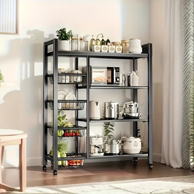Support de rangement polyvalent en métal à 4 niveaux, panier de rangement pour fruits et légumes sur roulettes, tablette de rangement pour cuisine avec 4 paniers en filet amovibles, peut être utilisé dans les chambres à coucher, les cuisines et les salons