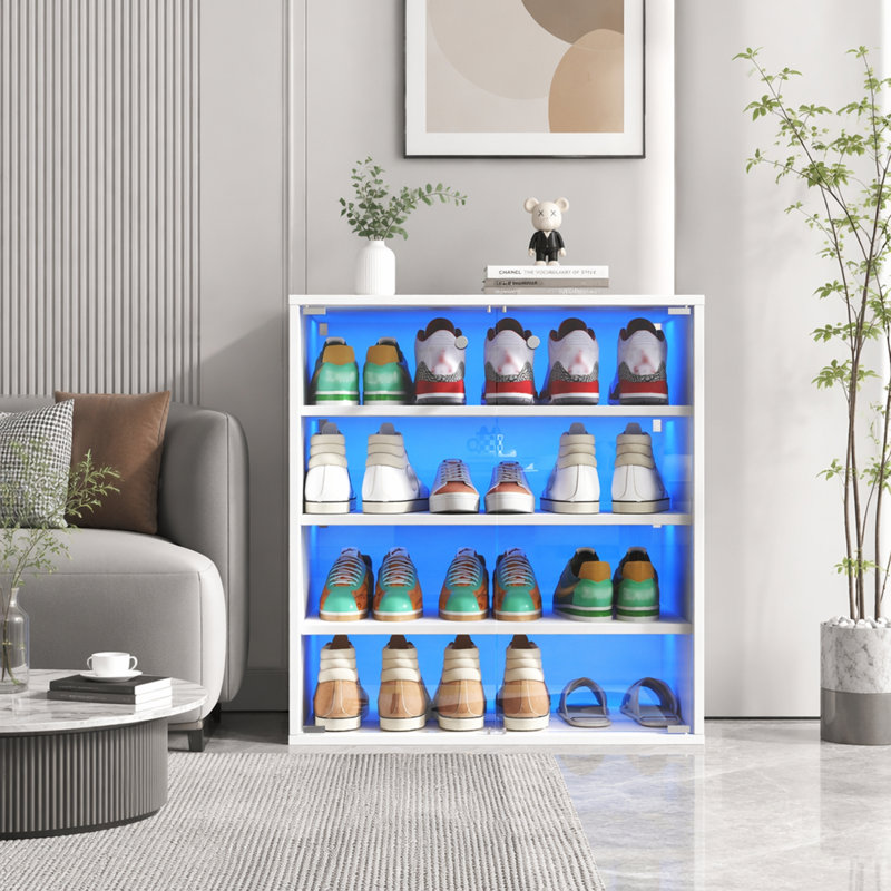 Boîte à chaussures avec lumière DEL RVB, rangement pour chaussures empilable en bois avec porte en verre