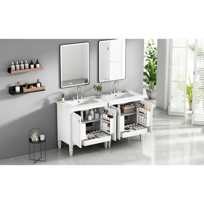 Meuble-lavabo de 60 po avec lavabo en bois massif et céramique avec surface imperméable, design élégant rétro, grand rangement réglable, lavabo à charnières à fermeture en douceur rouille, esthétique rétro, espace de rangement,