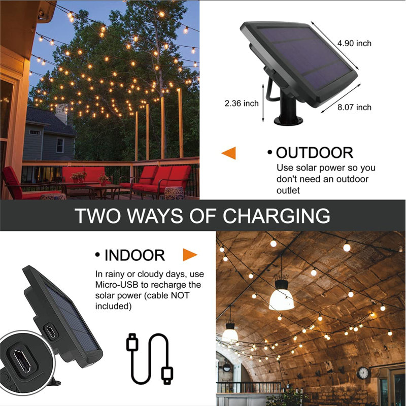 27ft 25-Bulb Solar-Powered Outdoor Globe String Lights, Shatterproof, Warm White, Dusk to Dawn