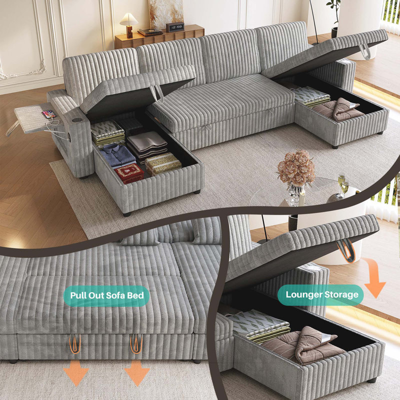 Très grand canapé-lit modulaire en velours côtelé moelleux en forme de U avec lit escamotable, canapé en velours côtelé confortable pour le salon avec méridienne à double rangement et table de chevet et USB, gris