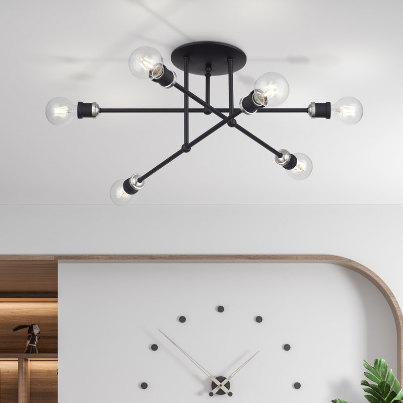 6 Light Black Extra Large Semi-Flush With Brushed Nickel Accents