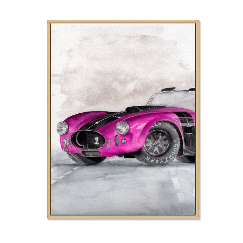 «Beautiful Old Magenta Car on Grey», peinture sur toile, H 44 po x l 34 po x P 1,5 po, Cadre flottant érable