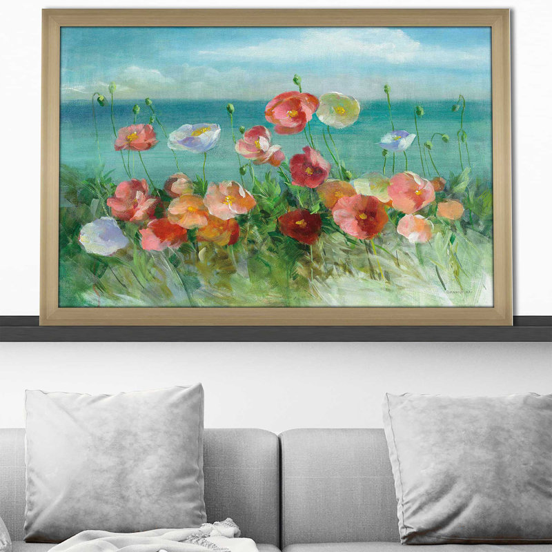 Coquelicots côtiers - Peinture, Encadrement champagne, H 27,5 po x l 39,5 po x P 0,75 po
