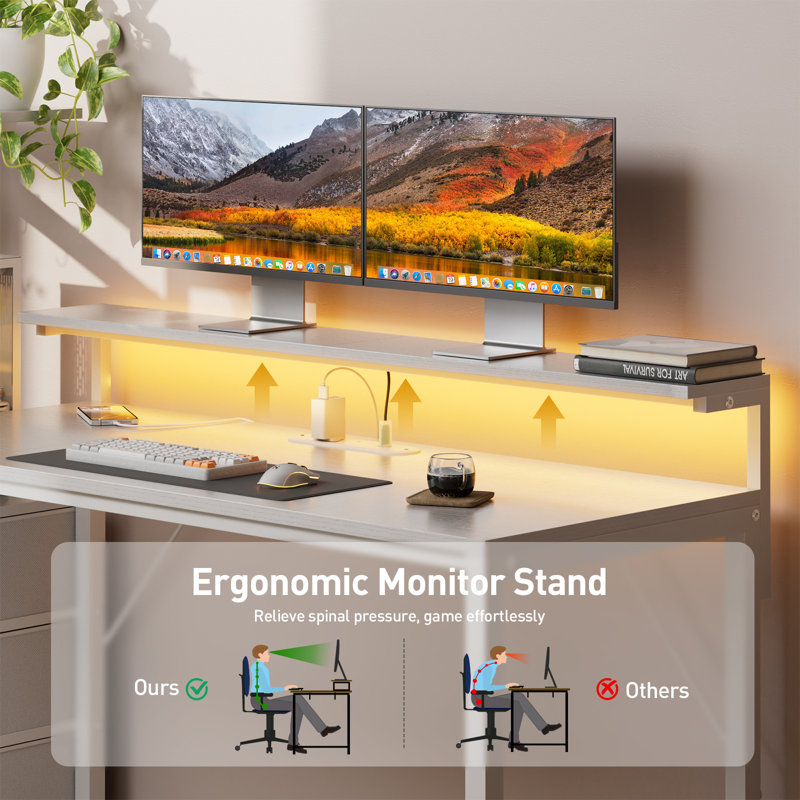Steel Computer Desk with Built-In Electrical Outlet, 116cm. H x 112cm. W x 50cm. D, White