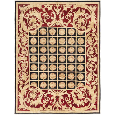 Tapis unique en laine noué à la main style Oushak beige / noir / rouge des années 2010 de 9 pi x 11 pi 10 po Wunibald