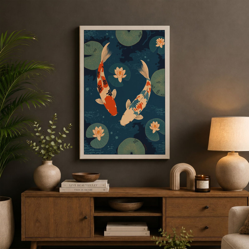 Koi and Lily Garden Japandi - Wrapped Canvas, 24x16 - 61.0 x 40.6 cm, Teal Border