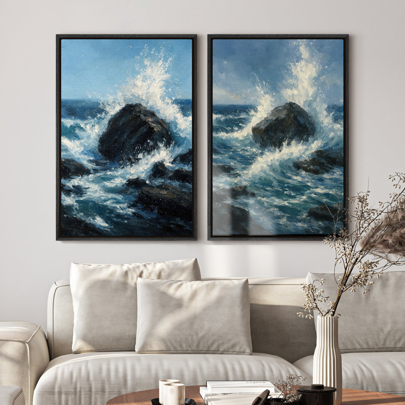 Art mural encadré, "Ocean Wave Rock", impressions murales abstraites pour chambre à coucher - 16 po x 24 po x 2 pièces, Noir